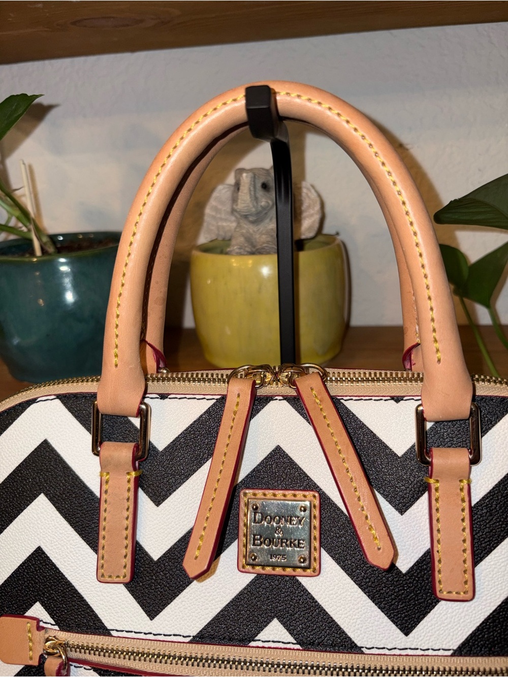 Dooney & Bourke Black and White Chevron Satchel with Tan Trim - Picture 2 of 12